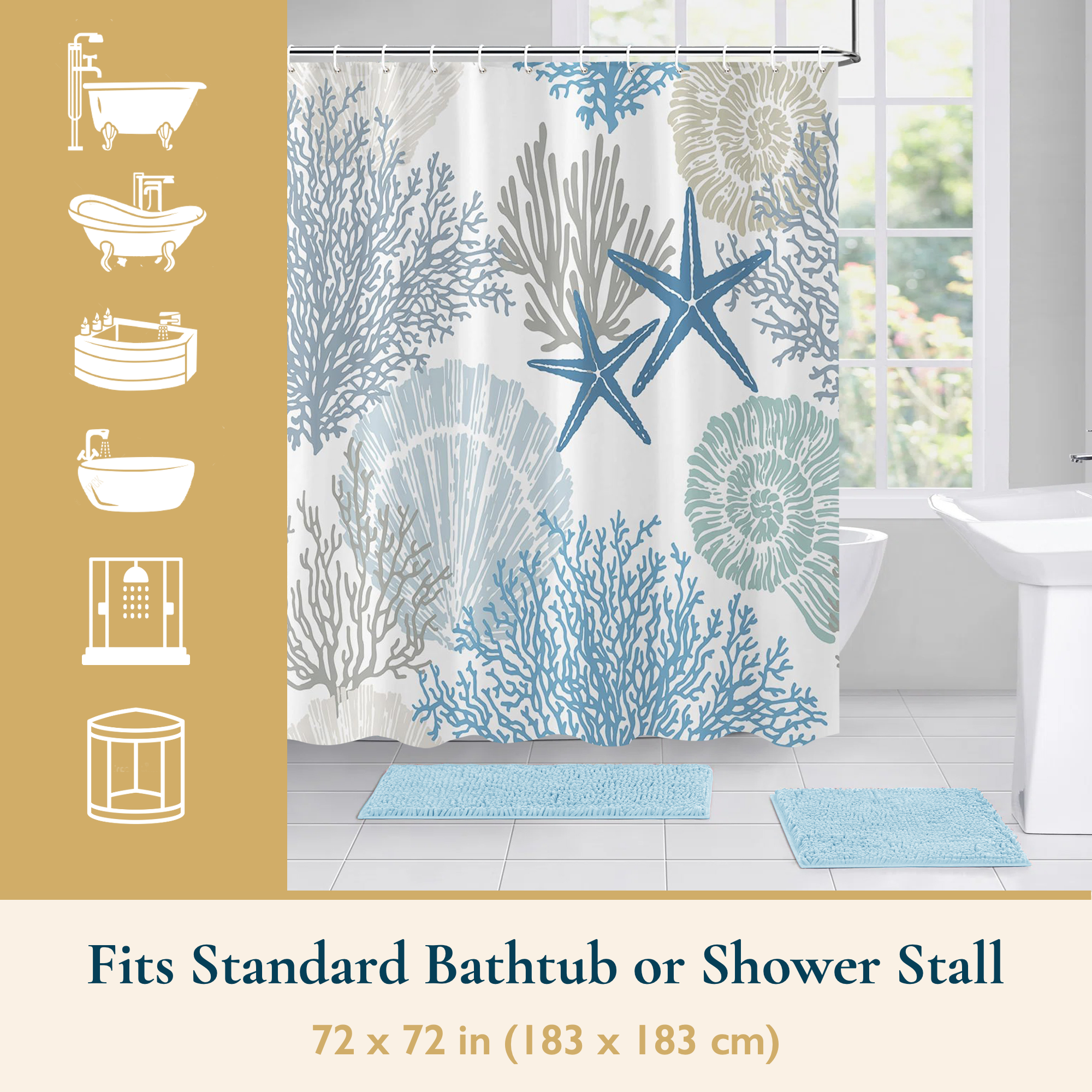 ComfiTime Coastal Blue Fabric Shower Curtain with Hooks, 72x72 photo 7