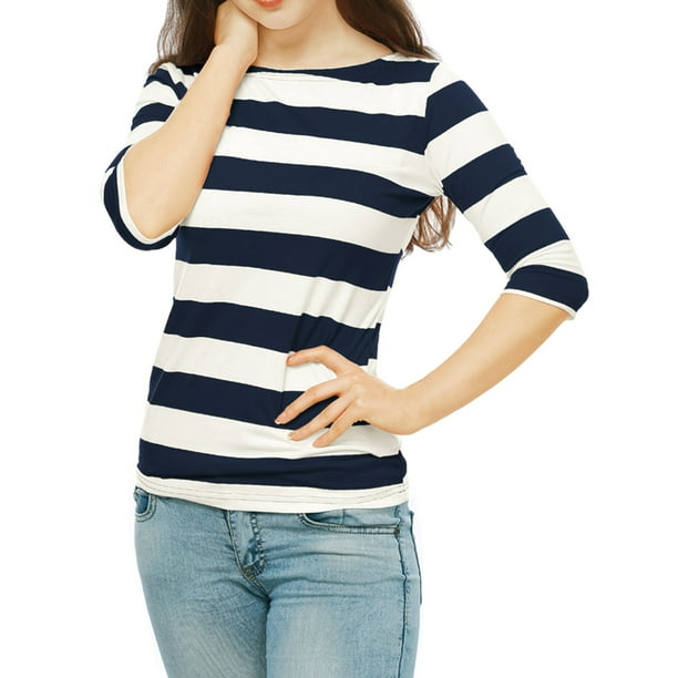 Unique Bargains - Unique Bargains Women's Boat Neck Elbow Sleeves Stripes Tee Shirt Blouse