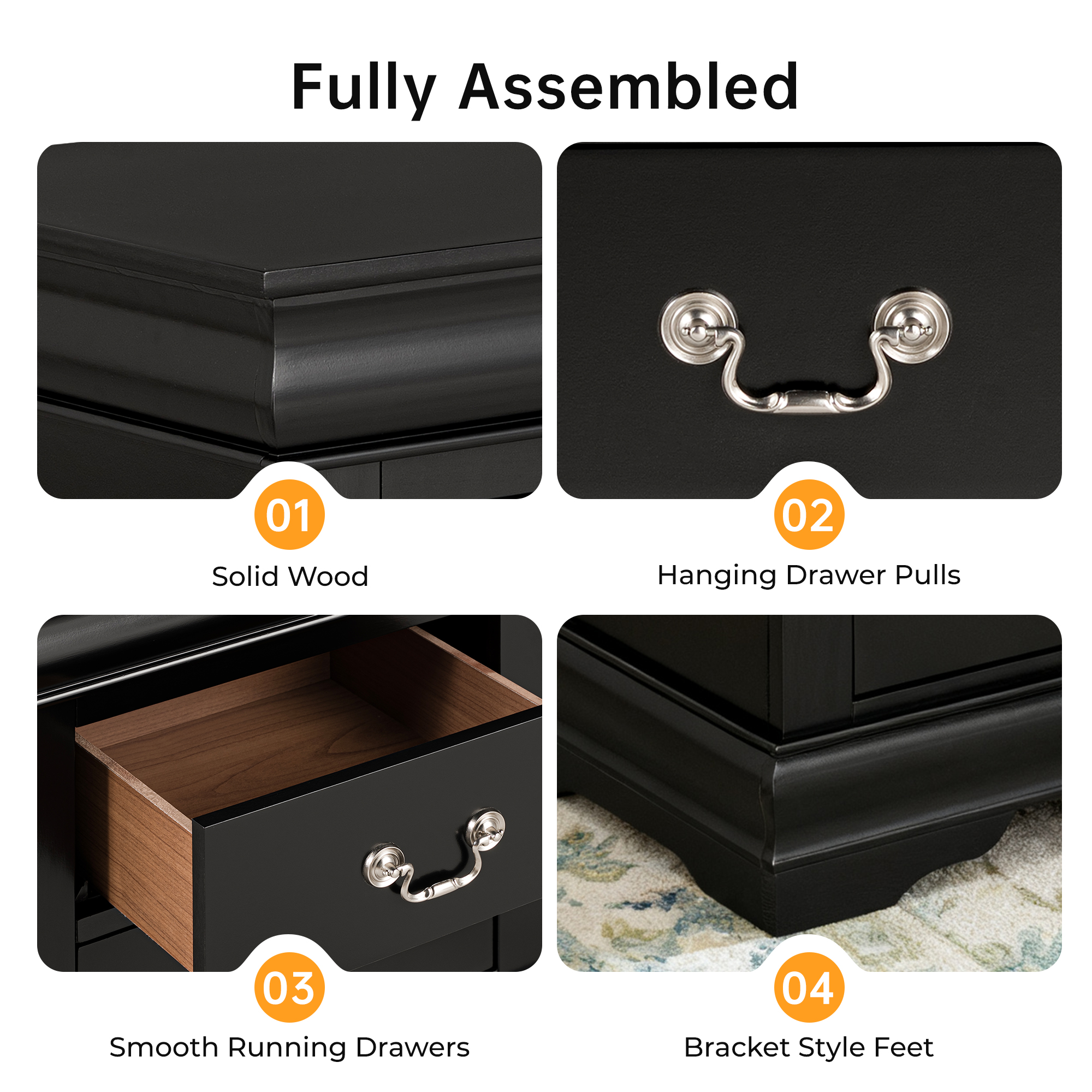 Leovanni Solid Wood Nightstand , End Table with Drawers and Metal Handles, No Assembly Required, For Bedroom, Living Room, Adult, Black