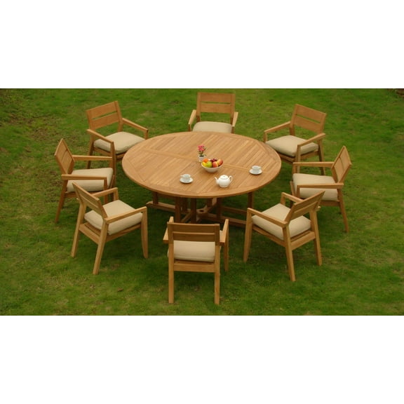 Teak Dining Set:8 Seater 9 Pc - 72" Round Table And 8 Vellore Stacking Arm Chairs Outdoor Patio Grade-A Teak Wood WholesaleTeak #WMDSVL6