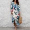 thumbnail image 4 of COEQINE Comfortable Chic Dress for Women 3/4 Sleeve Wrap A Line Cocktail Dress Linen Look Midi Tunic, Loose Fit Stylish Sundress, Size M, Hummingbird Butterfly Flower, 4 of 6
