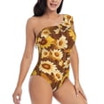 thumbnail image 3 of Gukieu Brown Wood Grain Sunflower B Print One-shoulder Ruffled One-piece Swimsuit with Removable Chest Pads and Tummy-control Swimsuit for Women-Large, 3 of 6
