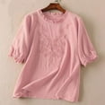 thumbnail image 3 of Scyoekwg Women Short Sleeve T-Shirts Round Neck Cotton Linen Tops Loose Lightweight Comfy Solid Color Blouses (Pink,XL), 3 of 3