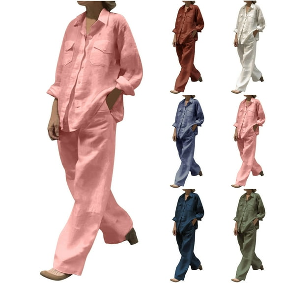 Ashirexll Two Piece Sets for Women, Outfits for Women, Spring and Fall Loose Lapel Long Sleeve Shirt and Wide Leg Pants Color Set
