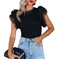 thumbnail image 1 of Camiseta de manga corta para mujer, cuello redondo, corte ajustado, costura de encaje, Top de verano para citas, compras, negro, M, 1 of 5
