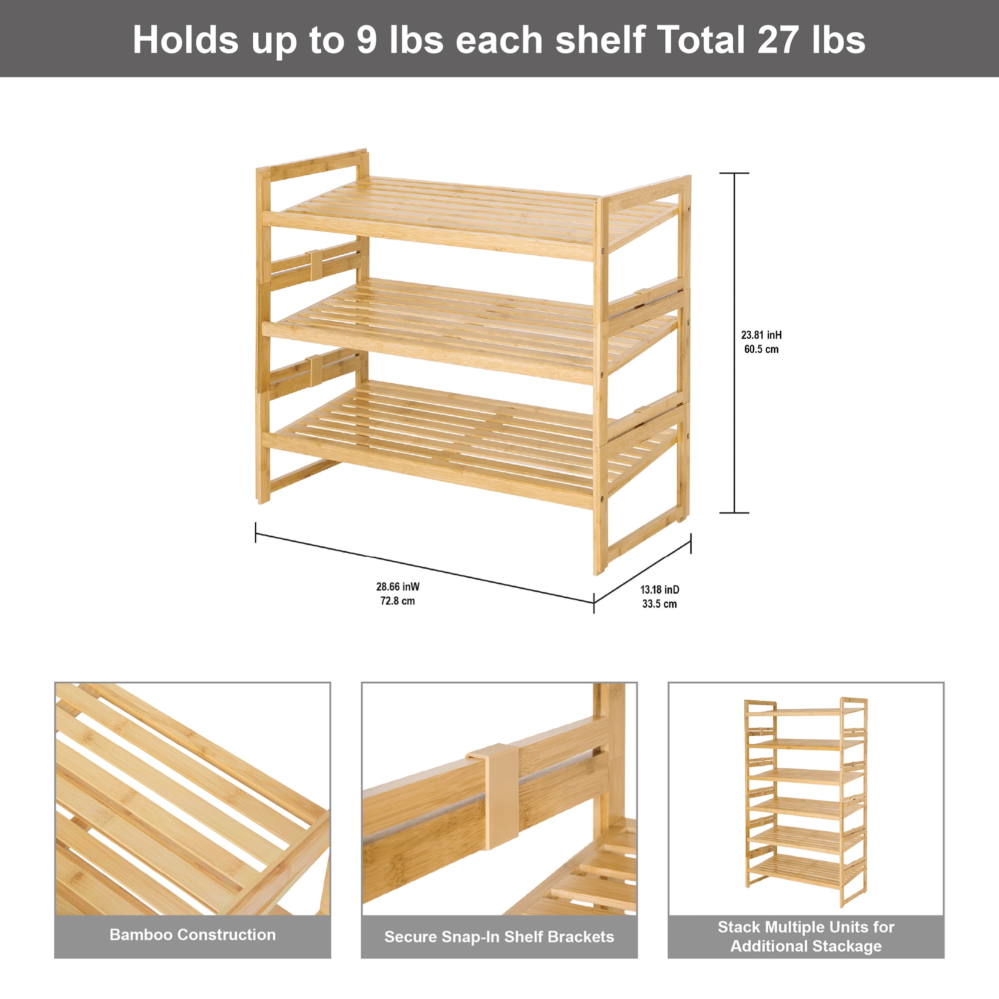 (2 pack) Better Homes & Gardens Bamboo 3-Tier Shoe Rack, Holds 9 Pairs