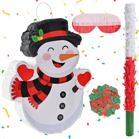 Fiesta Fun Snowman Surprise Pinata Kit - Large Mexican Birthday Party Game Set with Stick & Blindfold - 15.7 x 11 x 3 Inches - Festive Celebration Joy