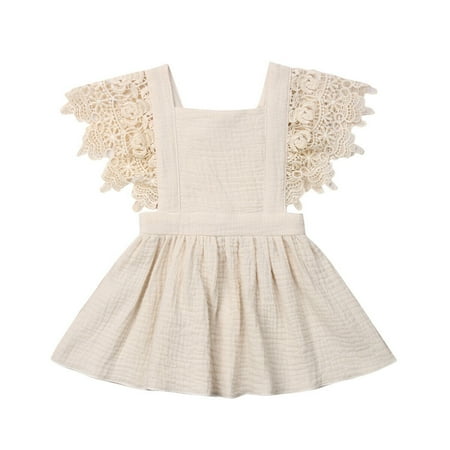 

2021 Toddler Baby Girl Infant Comfy Cotton Linen Lace Princess Overall Dress Sundress