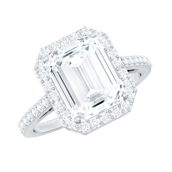 Rosec Jewels Emerald Cut Cubic Zirconia Engagement Ring with Halo for Women, 925 Sterling Silver, US 4.00