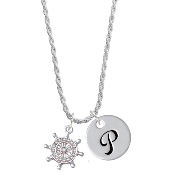 Delight Jewelry Silvertone AB Crystal Ship Wheel - Direction Silvertone Script Initial Disc - P - Charm Necklace, 20"+3"
