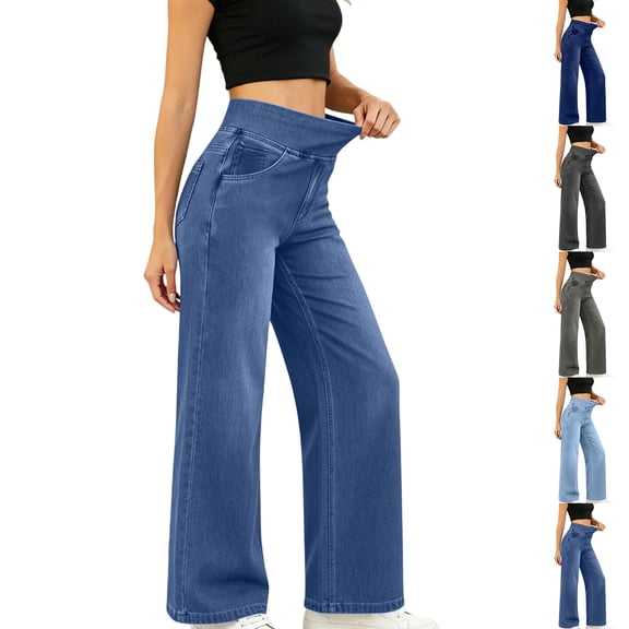 HAJWOH Women's Summer High Waisted Stretch Loose Fit Wide Leg Jeans Elastic Waist Denim Pants Straight Leg Trousers