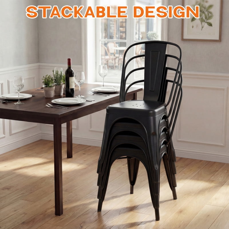 Lacoo Metal Dining Chairs Set of 4, Stackable Indoor Tolix Trattoria Side Chairs with Backrest for Kitchen Bistro Cafe, Black