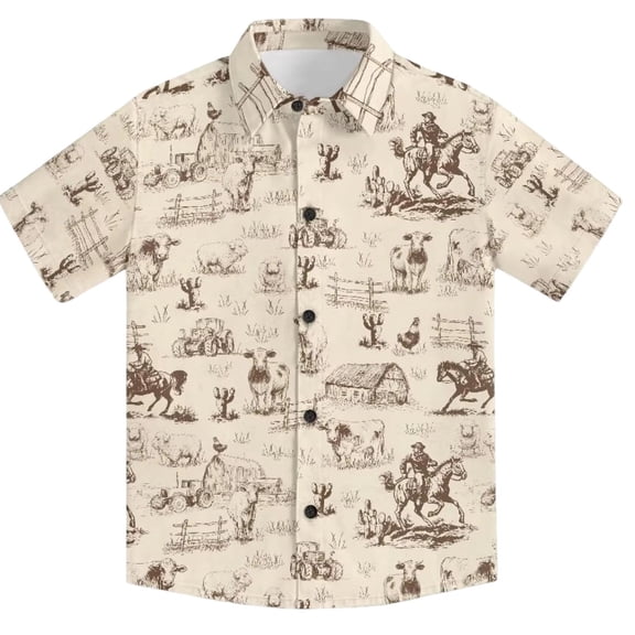 Norvella Boys Western Print Button Down Shirt Collared Short Sleeve Cowboy Graphic Casual Vacation Summer Top