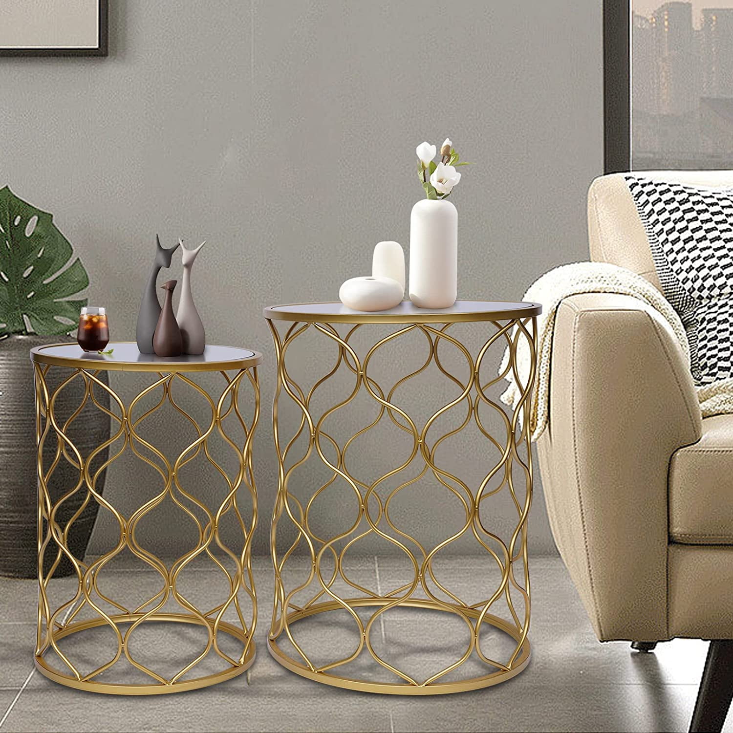 FETCOI Nesting Side Tables Set of 2, Gold Round End Side Table Coffee