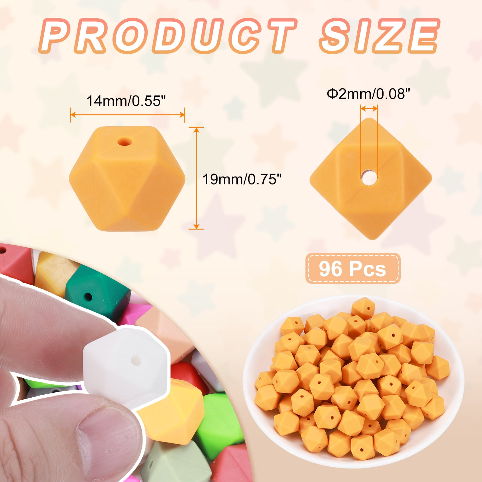 96Pcs Silicone Beads 14mm Hexagon Rubber Focal Beads Bulk for Pens Keychain Bracelet Necklace DIY Crafts Making, Amber Yellow