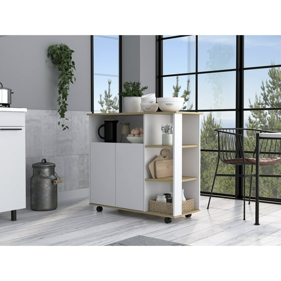 Newboti Furniture Kitchen Island Kamkacht, One Cabinet, Four Open Shelves, Light Oak / White Finish 41539