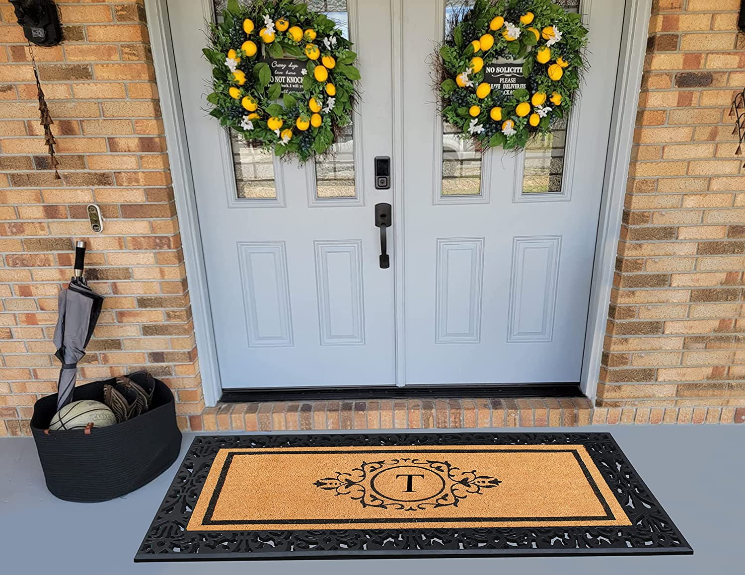 A1HC Natural Coir and Rubber Black Paisley Hand-Flocked Monogrammed Doormat, 30"x60", Durable Low Profile Heavy Duty Outdoor Front Door Mat