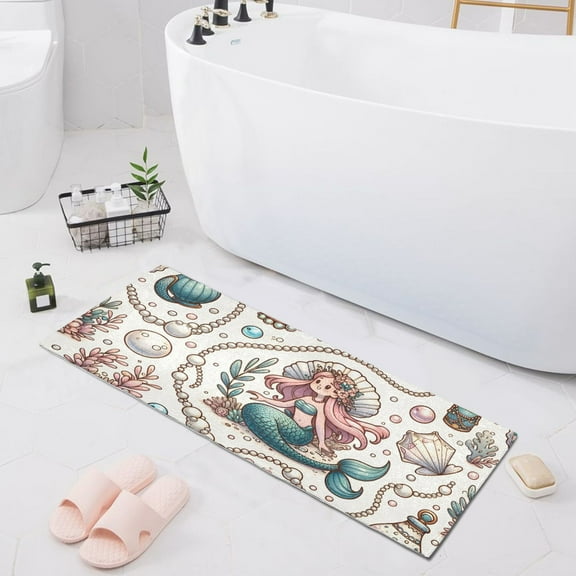 Bath Mat Soft Plush Non-Slip Absorbent Bathroom Rugs 39"x20" Pearl Shell Mermaid Plant