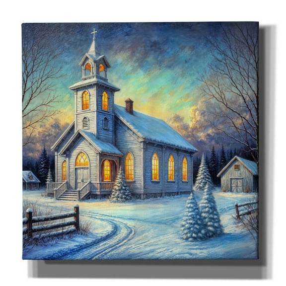 Epic Graffiti 'Small White Church In Winter' by Rey Klimt Canvas Wall Art, 18" x 18"