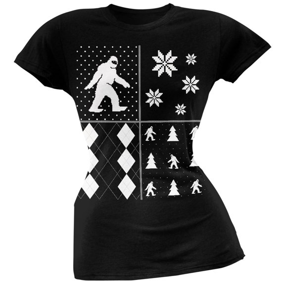 Sasquatch Festive Blocks Ugly Christmas Sweater Black Soft Juniors T-Shirt - 2X-Large