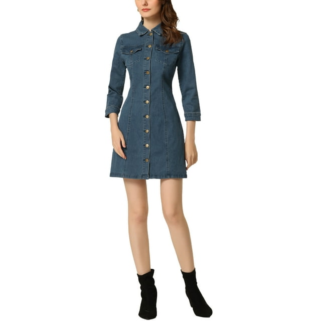 INSPIRE CHIC Robe en Denim pour Femme Manches 3/4 Boutonnée Mini Robe Chemise en Jean TG Bleu Moyen