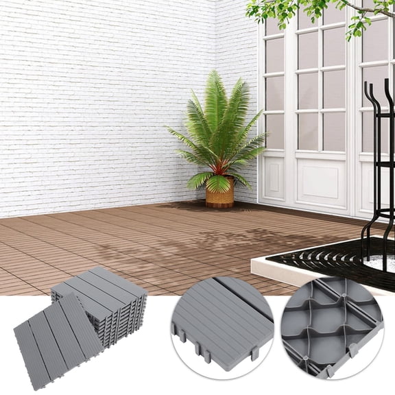 FOMIYES 11-Piece Weatherproof Grey Plastic Interlocking Floor Tiles for Outdoor and Home Use Patio Decking