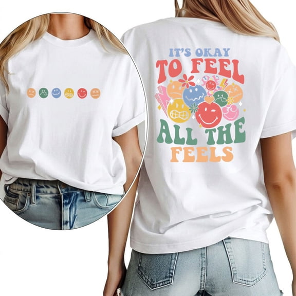 Womens It's Ok To Feel Print T Shirts Mental Health Graphic Tees Short Sleeve Casual Social Worker Pattern Tops for Daily Outfits White,S