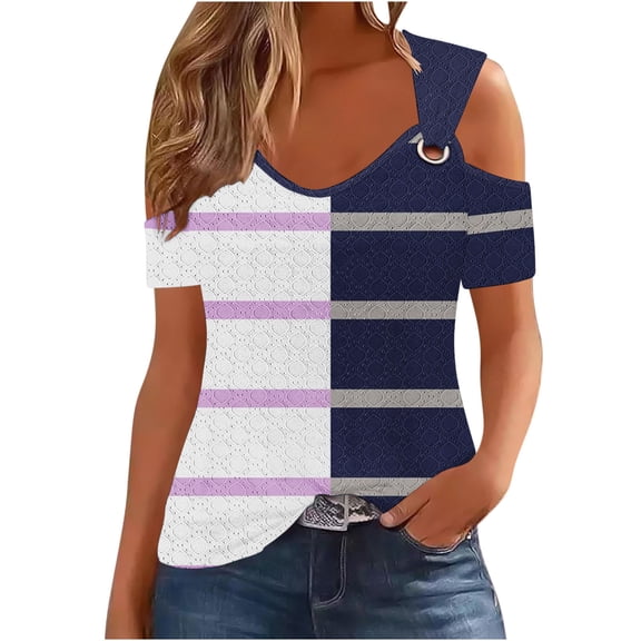 ShiShine Cut Out Tee Shirts for Women Summer Short Sleeve Cold Shoulder V Neck Loose Fit Tee Shirt Tops