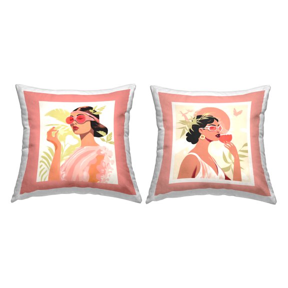 Stupell Industries Glam Summer Fashion Girls 2 Piece Decorative Printed Throw Pillow Set, 18 x 18