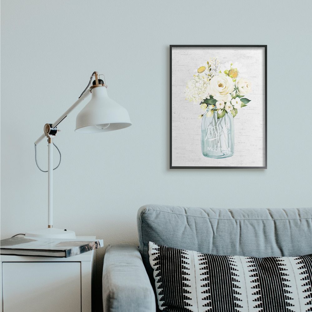 Stupell Industries Quaint Spring Floral Bouquet in Simple Blue Jar Framed Wall Art Design by Lettered and Lined, 24" x 30", Black Framed
