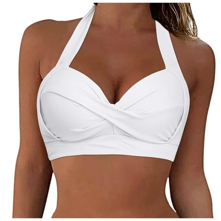 Hessimy Women Bikini Top Push Up Swim Top Halter Tie Retro Bathing Suit Padded Swimsuit Top Only(White XXL)