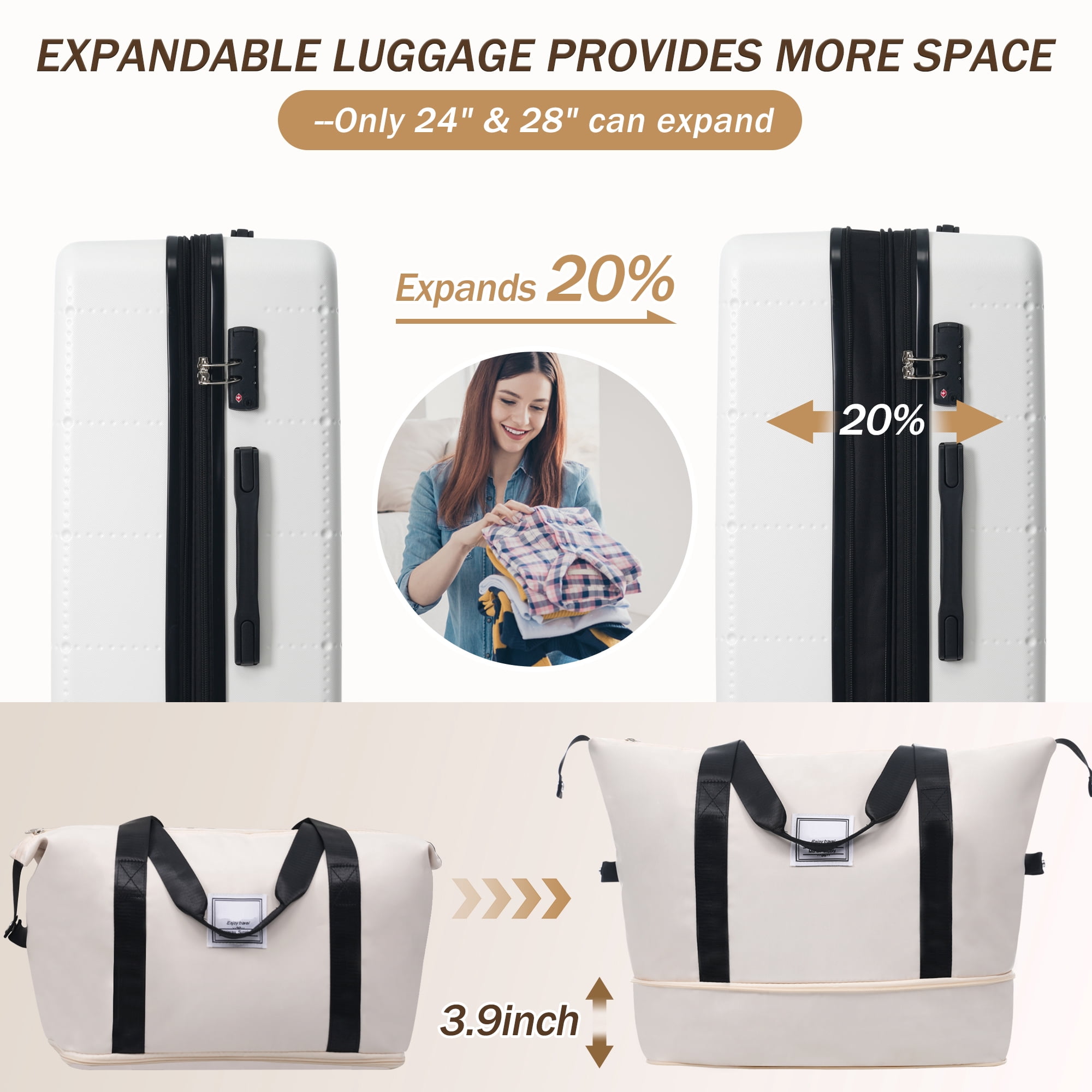 Euroco Luggage Sets 5 Piece, ABS Hardside Expandable Suitcase Set with TSA Lock Spinner Wheels and 2 Bags,20" Half-opening Carry on Luggage with USB Port for Travel,White(20"/24"/28")