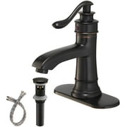 BWE Oil Rubbed Bronze Bathroom Faucet Single Hole Single Handle with Pop Up Drain Stopper with Overflow and Supply Lines Parts Vanity Basin Faucets for Bathroom Sink Lavatory Mixer Tap Lead-Free