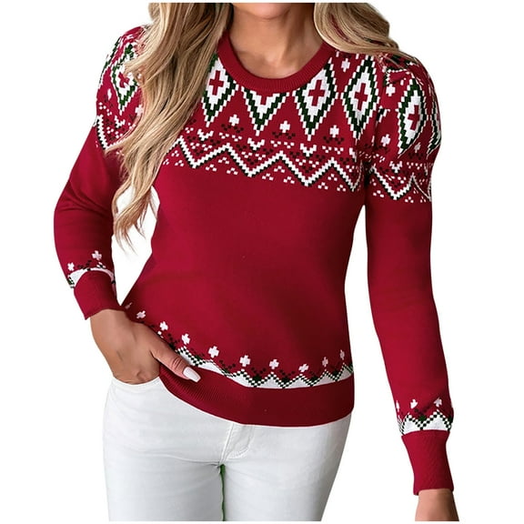 Ruimatai Women's Christmas Printed Sweater, Festive Holiday Pullover Top, Soft Acrylic Long Sleeve Casual Knit Shirt, Loose Fit Cozy Tunic