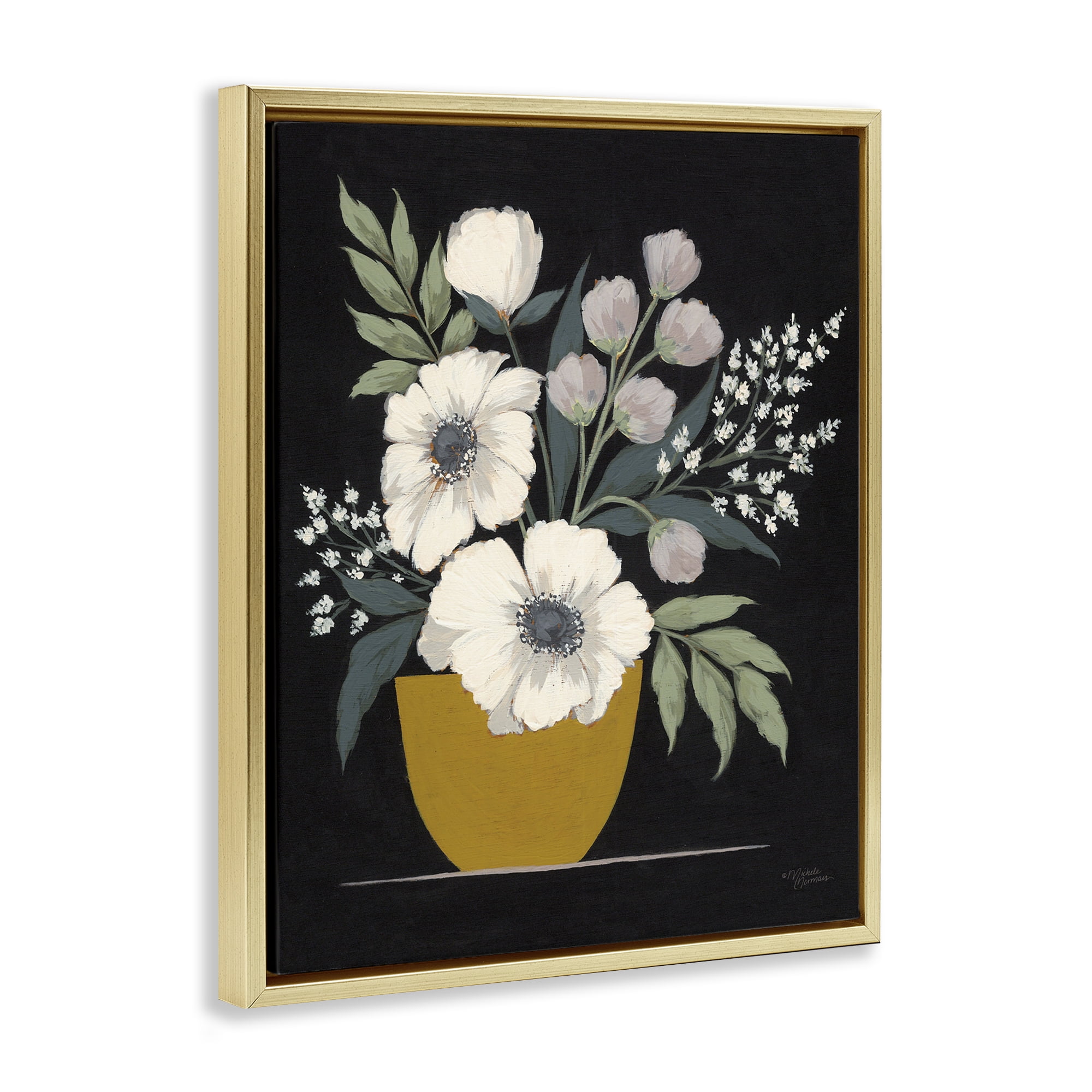 Stupell Industries Potted Flower Bouquet Botanical & Floral Painting Gold Floater Framed Art Print Wall Art, 17 x 21