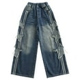 thumbnail image 2 of WOYY Girls Star Embroidery Ripped Jeans Denim Elastic Wasit Wide Leg Baggy Pants Trousers, 2 of 8