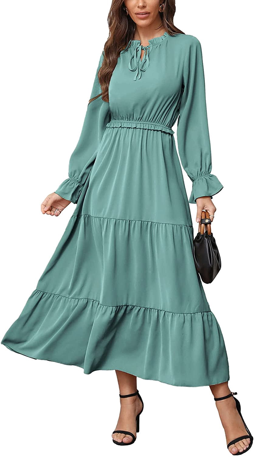 Long Sleeve Crew Neck Maxi Dress Solid 