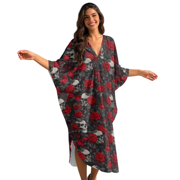 DISNIMO Skull Rose Print Kaftan Dresses for Women Plus Size V Neck Swimsuit Cover Ups Women's Long Cover Up for Bathing Suit Batwing Sleeve Swimsuit Coverups Soft Loungewear