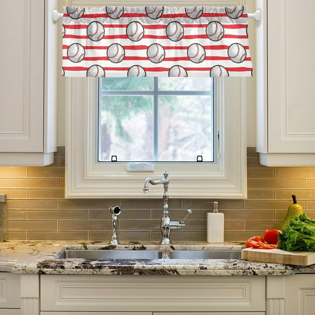 Cantonnières de Baseball sur Fond à Rayures Rouges pour Fenêtres, Cantonnières de Rideau Occultant pour Tringle de Fenêtre de Cuisine Salle de Bain Salon, 54 Pouces L x 18 Pouces H