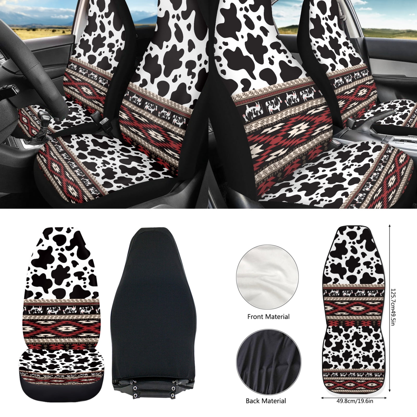 Yuyamidu Cow Print Car Front Seat Cover Set with Steering Wheel Cover Red Aztec Seat Belt Pads Armrest Cover Coasters Trash Bag Air Vent Storage Bag Rearview Mirror Cover Keychain, 12 Pack