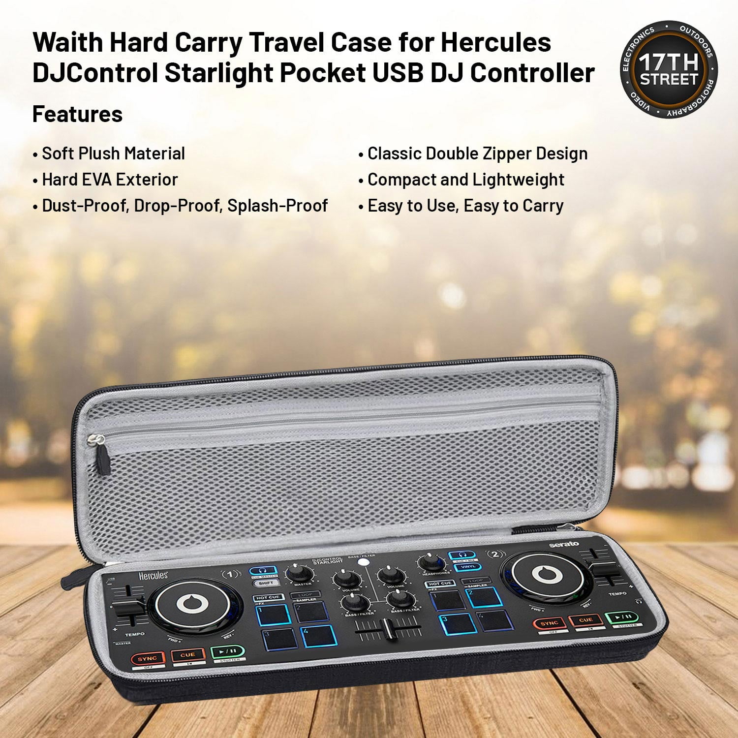 Hercules DJ Starter Kit - Starlight USB DJ Controller with On-Stage Laptop Stand, Waith Hard Carry Travel Case and Waith Cleaning Cloth - Serato DJ Lite Software Include (Bundle Set)