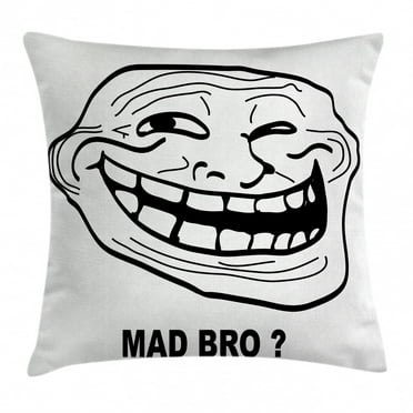 Humor Decor Throw Pillow Cushion Cover, Cartoon Style Troll Face Guy for Annoying Popular Artful Internet Meme Design, Decorative Square Accent Pillow Case, 16 X 16 Inches, Black White, by Ambesonne