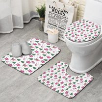 Pink Christmas Santa and Tree Pattern Bathroom Rugs Sets 3 Piece,Toilet Cover Set,Absorbent Non Slip Bathroom Mats Sets with U-Shaped Contour Rug Toilet Rug Set