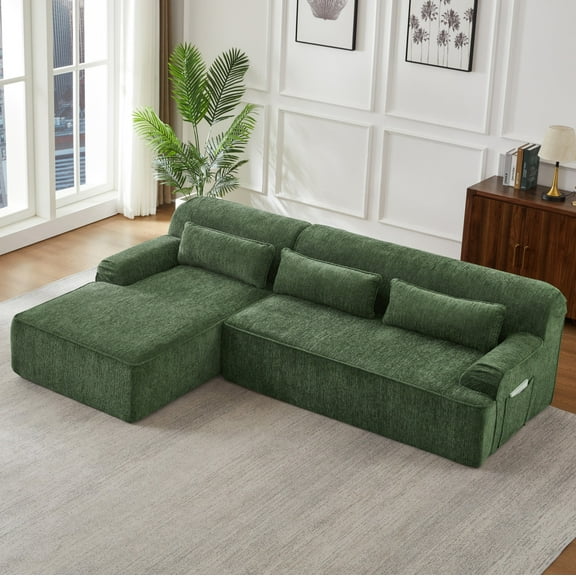 AENKYO Chenille L-Shaped Oversized Sectional Sofa, Minimalist Sleeper Couch for Living Room or Apartment, No Assembly Required (Green,Left-Facing Chaise)