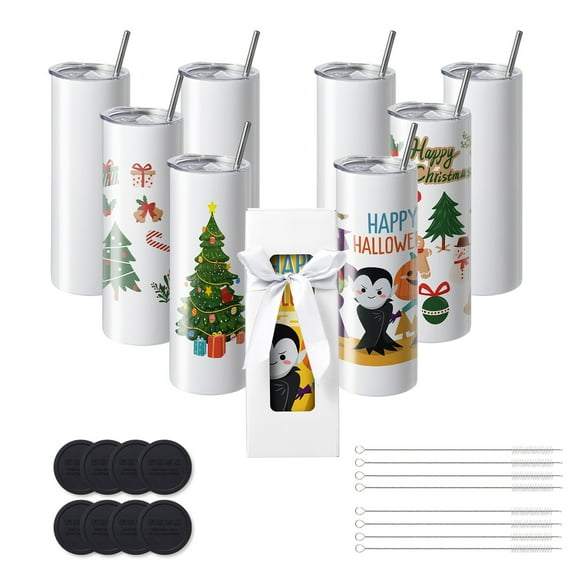 VEVOR 8 Pack Sublimation Tumblers 20 Oz Skinny Straight, Stainless Steel Sublimation Tumblers Blank,Stainless Steel Double Wall Tumbler for Heat Transfer Customized Gifts with Lid and Straw,Gift Box