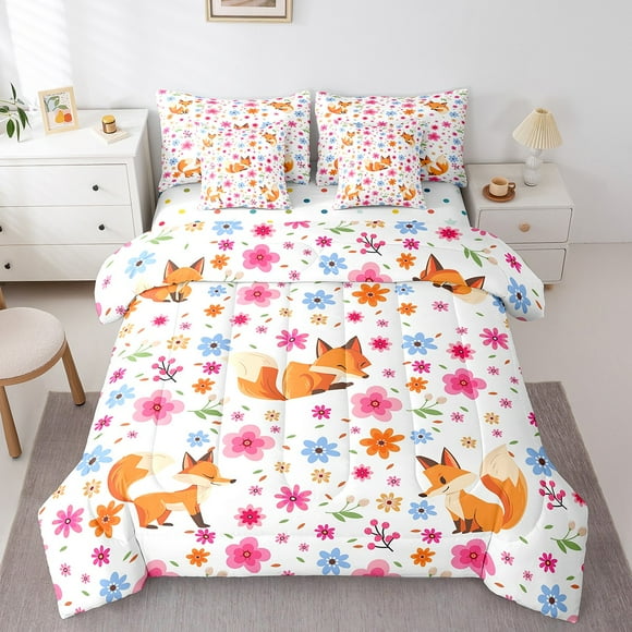 Kawaii Fox Bed in a Bag 7-Piece Girly Floral Twin Comforter Set for Child, Blue Pink Flower Bedding Comforter Sets Rainbow Polka Dots Reversible Bedding Set, Woodland Animal Bed Sheets Set