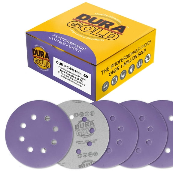 Dura-Gold 1000 Grit 5" Purple Film Ceramic Sanding Discs, 8-Hole Pattern, Box of 50 - Dustless Hook & Loop Backing Sandpaper for DA & Random Orbital Sanders - Detail Color Sand Auto Paint Wood