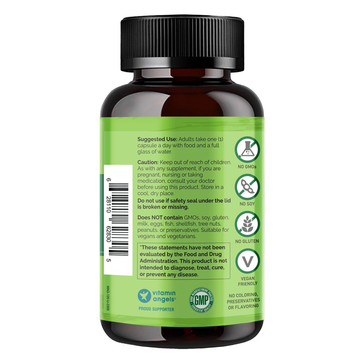NATURELO Magnesium Glycinate Chelate Complex - 200 mg Magnesium with Organic Vegetables to Support Sleep, Calm, Muscle Cramp & Stress Relief - Gluten Free, Non GMO - 120 Capsules