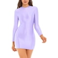 thumbnail image 1 of RUNQHUI Robe Moulante à Manches Longues Brillante pour Femmes Col Montant Lisse Extensible Mini Robes Légères_violet TG, 1 of 6