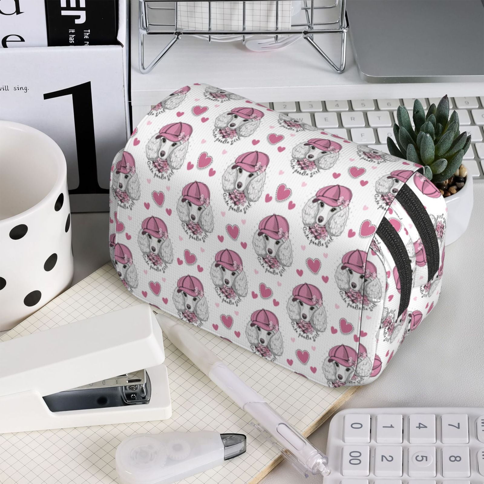 Rateoe Cute Poodle Dog Pattern Double Clamshell Pen Case, Storage Organizer with Two Zipper Compartments– Holds Up to 50 Pencils & Pens